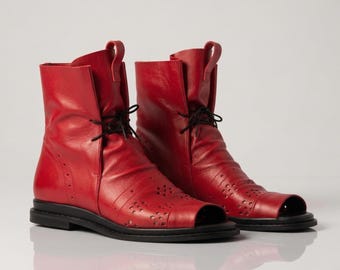 Red Leather Open-Toe Boots – Handmade Summer Lace-Up Sandals – EU Sizes 35–47