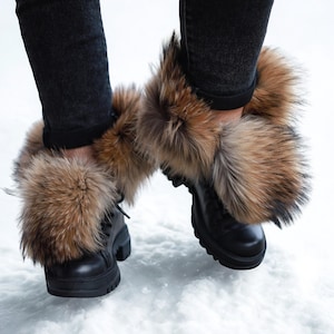 Women’s Black Leather Winter Boots with Real Fox Fur Collar, Handmade Warm Snow Boots, Genuine Leather Fur Trim Boots for Women