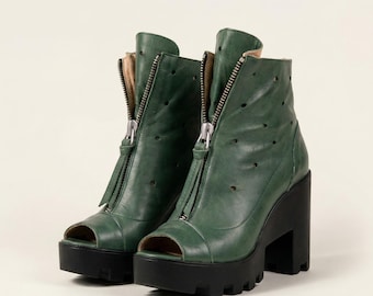 Green Leather Open Toe Platform Ankle Boots, Chunky Heel Zipper Statement Shoes