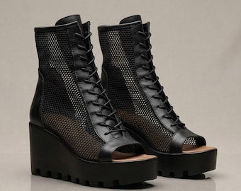 Handmade Black Leather Platform Boots – Gothic Mesh Peep Toe Sandals