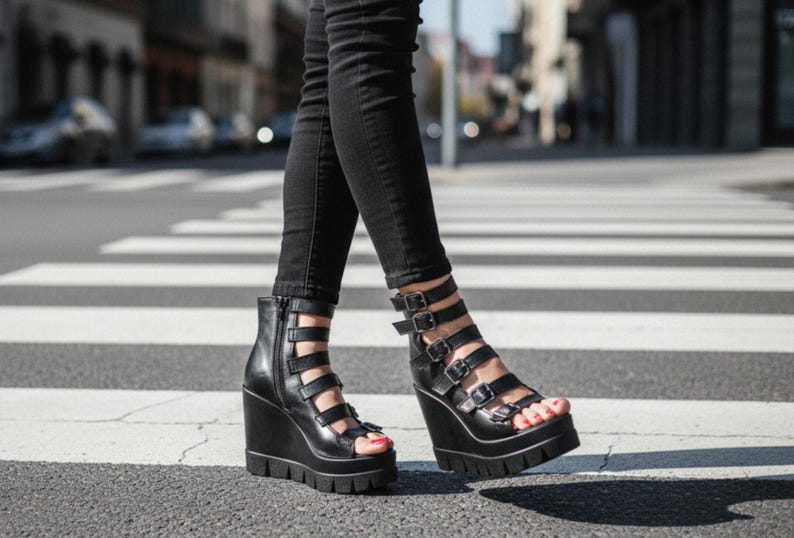 May include: Black wedge sandals with multiple straps and buckle fastenings. The platform sandals have a thick sole and are worn with black skinny jeans. The shoes have a zip on the side.