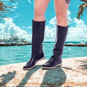 Handmade Black Leather Cut Out Knee High Boots, Genuine Leather Tall Flat Boots with Perforated Floral Pattern for Women