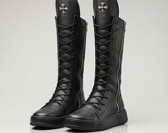 Black Leather Lace-Up Combat Boots, Women's Mid Calf Zipper Boots, Custom Fit Available