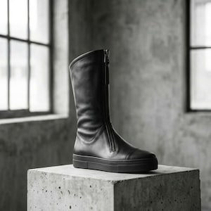 Zwart leren halfhoge laarzen, schoenen met rits aan de voorkant dames, minimalistisch handgemaakt, designerschoenen afbeelding 6