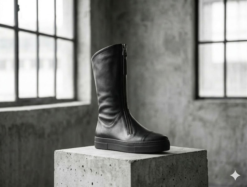 Zwart leren halfhoge laarzen, schoenen met rits aan de voorkant dames, minimalistisch handgemaakt, designerschoenen afbeelding 6
