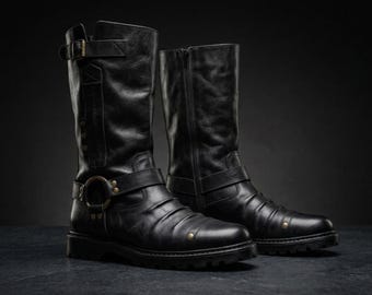 Men's Black Leather Knee-High Boots – Avant-Garde Biker Harness Style – Custom Fit Handmade Footwear