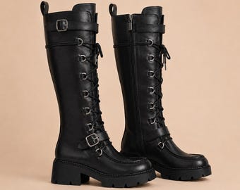 Black Leather Knee-High Combat Boots with Buckles and Chunky Sole