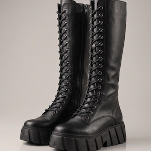 Black Leather Knee-High Platform Boots, Handmade Lace-Up Combat Boots with Side Zip