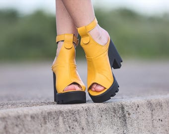Handmade Yellow Leather Wedge Sandals: Chunky Platform Ankle Strap Heels