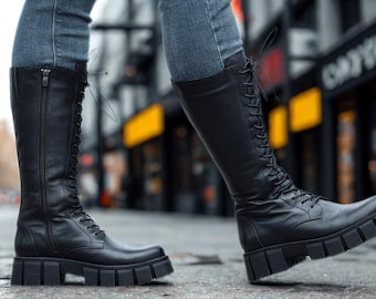 Handmade Black Leather Knee High Combat Boots - Chunky Platform