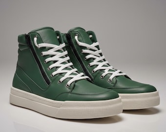 Handmade Green Leather High-Top Sneakers – Dual Zipper Design