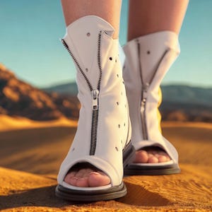 Handmade White Leather Open Toe Ankle Boots with Zipper,Perforated Summer Boots – Genuine Leather Festival Shoes,Womens Casual Sandals Boots