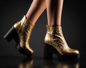 Gold Leather Platform Ankle Boots, Chunky Heel Boots Women, Metallic Statement Boots, Handmade Leather Shoes, Designer Fashion Boots