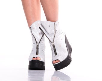 Handmade Silver Leather Wedge Ankle Boots: Peep Toe Platform Booties