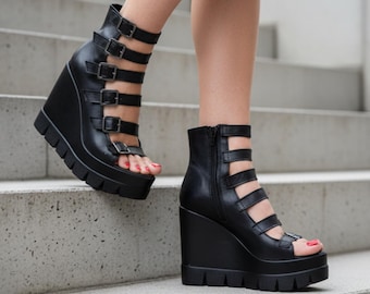Black Platform Gladiator Sandals, Chunky Wedge Leather Shoes, Avant Garde Festival Sandals, Designer Footwear