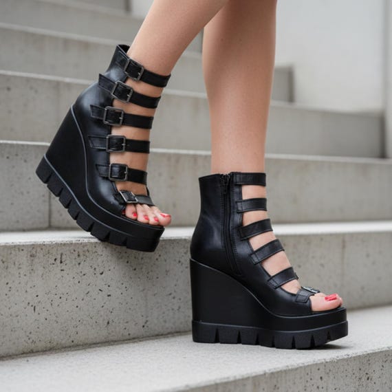 Black Platform Gladiator Sandals, Chunky Wedge Leather Shoes, Avant Garde Festival Sandals, Designer Footwear