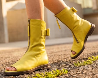 Lime Green Leather Open Toe Boots | Avant Garde Front Zip Sandals