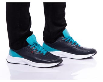 Handmade Men's Leather Sneakers: Blue & Black Sport Trainers