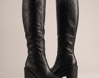Black Perforated Leather Knee High Boots, Chunky Platform Heels, Handmade Gothic Floral Boots, Custom Fit Women’s Boots