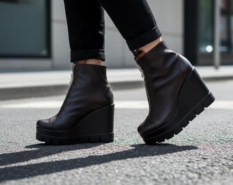 Women’s Platform Ankle Boots – Front Zipper – Handmade Brown Leather Wedge Boots