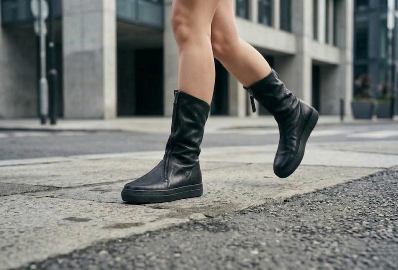 Zwart leren halfhoge laarzen, schoenen met rits aan de voorkant dames, minimalistisch handgemaakt, designerschoenen afbeelding 3