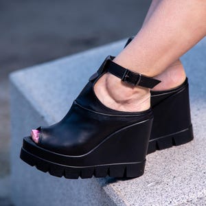 Handmade Black Leather Wedge Sandals: Boho Platform Peep Toe Shoes