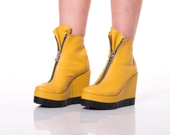 Handmade Yellow Leather Wedge Ankle Boots: Chunky Platform, Zipper Closure