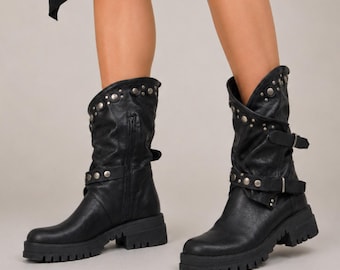 Black Leather Mid Calf Boots, Studded Biker Boots, Chunky Lug Sole, Handmade Women's Gothic Moto Boots