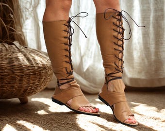 Handmade Tan Leather Gladiator Boots: Knee High Lace Up Boho Sandals