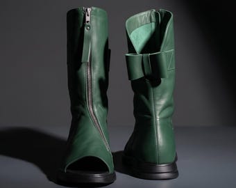 VERA Forest Green Leather Boot Sandals | Open Toe Summer Boots | Handmade Custom Fit