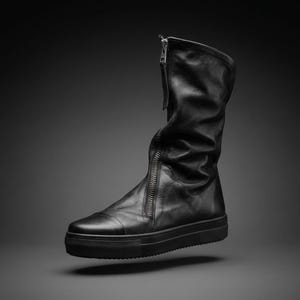Zwart leren halfhoge laarzen, schoenen met rits aan de voorkant dames, minimalistisch handgemaakt, designerschoenen afbeelding 2
