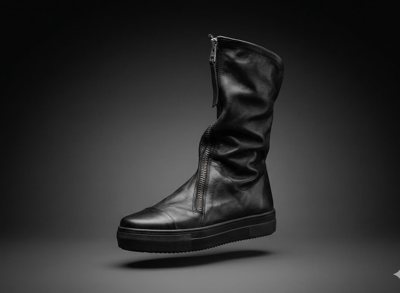 Zwart leren halfhoge laarzen, schoenen met rits aan de voorkant dames, minimalistisch handgemaakt, designerschoenen afbeelding 2