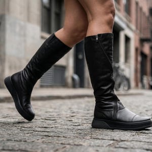 Black Leather Knee High Boots Minimalist Handmade Custom Fit Avant Garde Shoes