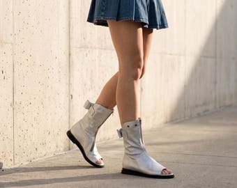 VERA Silver Leather Boot Sandals | Open Toe Summer Boots | Handmade Custom Fit