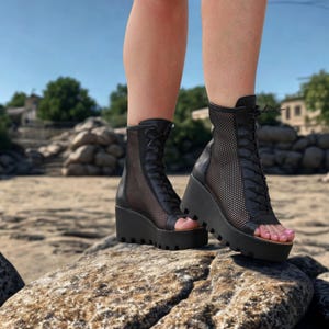 Black Mesh Peep Toe Platform Boots – Handmade Leather Summer Ankle Boots with Chunky Sole, Lace-Up & Zipper, Women’s Gothic Sandals
