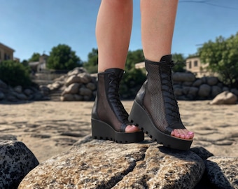 Handmade Black Mesh Platform Boots – Gothic Peep Toe Leather Ankle Boots