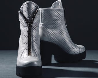Genuine Leather Chunky Platform Ankle Boots | Handmade Leather Zipper Shoes | High Heel Statement
