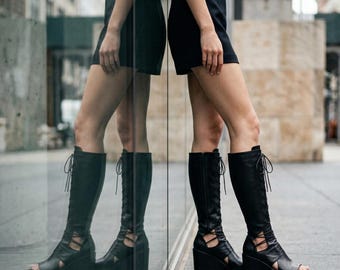 Handmade Black Leather Lace-Up Wedge Boots, Avant Garde Open Toe Platform (Custom Fit)