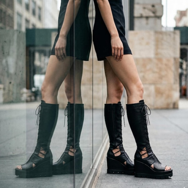 Stivali con zeppa stringati in pelle nera fatti a mano, modello platform a punta aperta di avanguardia (vestibilità personalizzata)