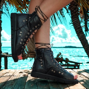 Black Leather Open Toe Combat Boots – Handmade Lace-Up Gladiator Ankle Boots with Side Zipper and Chunky Sole for Women
