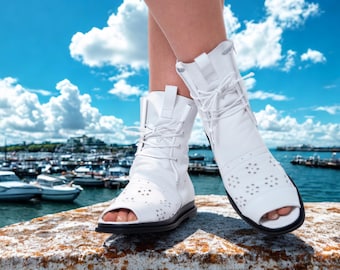 Handmade White Leather Gladiator Boots: Boho Lace Up Ankle Sandals