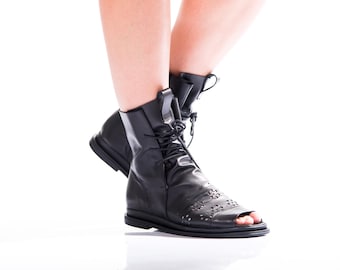 Handmade Black Leather Gladiator Boots: Boho Summer Ankle Booties
