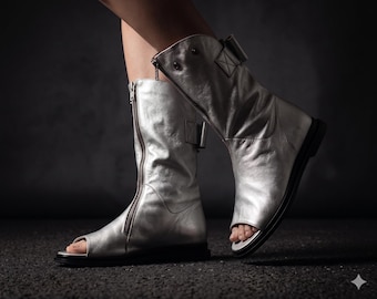 VERA Silver Leather Boot Sandals | Open Toe Summer Boots | Handmade Custom Fit