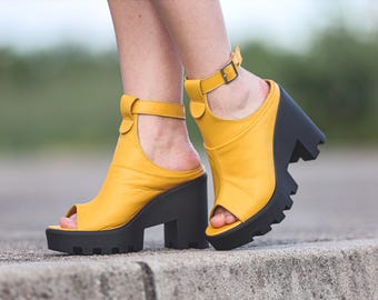 Handmade Yellow Leather Wedge Sandals: Chunky Platform Ankle Strap Heels