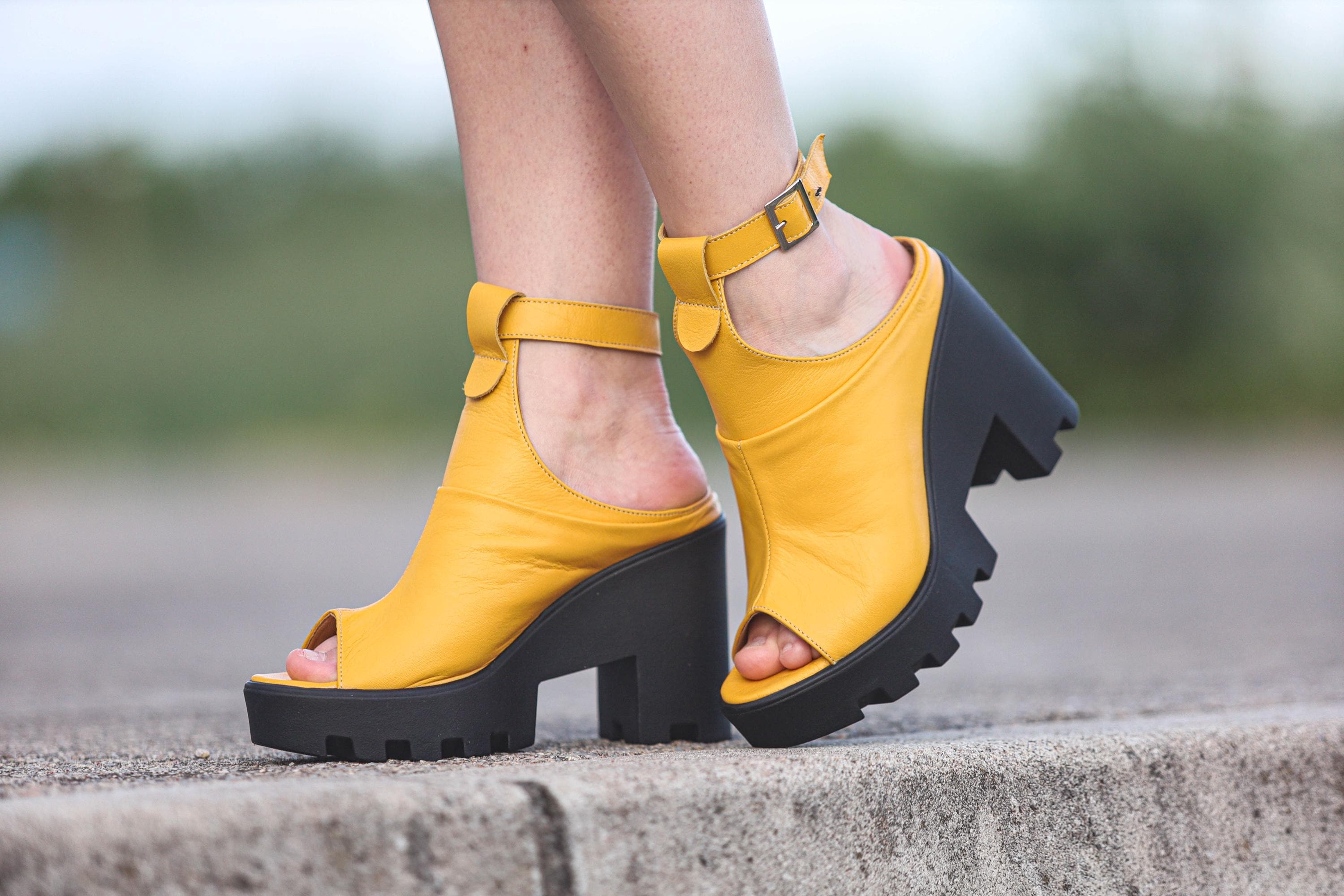 Handmade Yellow Leather Wedge Sandals: Chunky Platform Ankle Strap