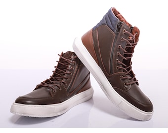 Handmade Leather High Top Sneakers: Brown Urban Streetwear Boots