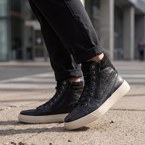 Men’s Black High-Top Sneakers | Handmade Leather Shoes with Side Zipper | Urban Casual Footwear