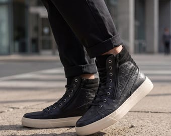 Men’s Black High-Top Sneakers | Handmade Leather Shoes with Side Zipper | Urban Casual Footwear