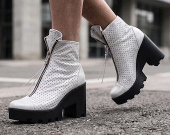 Genuine Leather Chunky Platform Ankle Boots | Handmade Leather Zipper Shoes | High Heel Statement