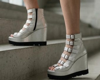 Silver Platform Gladiator Sandals, Metallic Leather Wedge Shoes, Statement Designer Sandals, Avant Garde Footwear